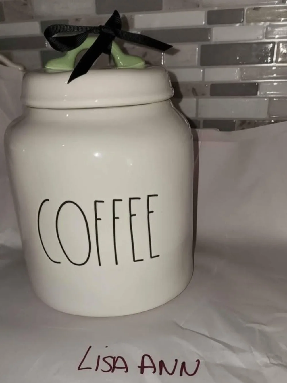 Rae Dunn White Ceramic COFFEE Canister with Green Handle
